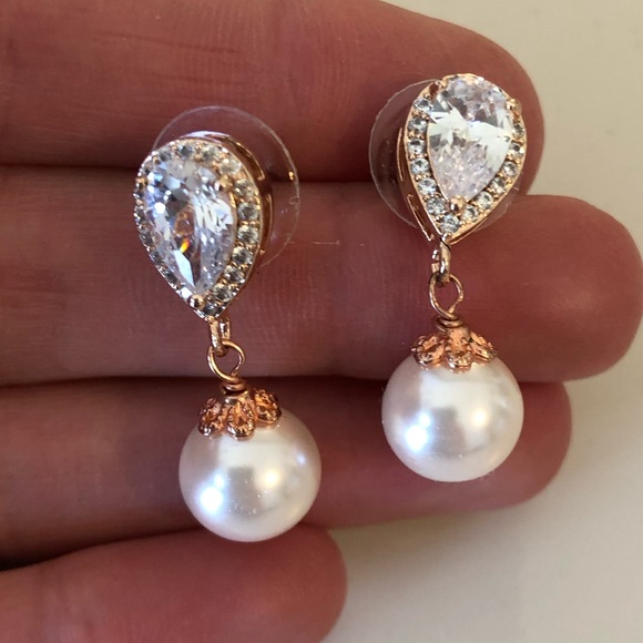 Jewelry - CZ and Pearl drop earrings, rose gold, worn once